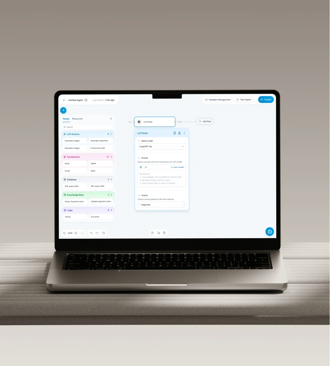 AI agent workflow builder displayed on a laptop